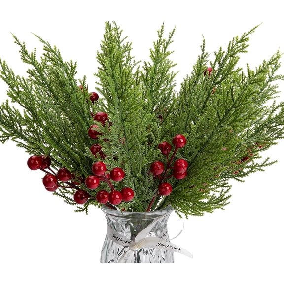 Ebaokuup 60 Pcs/Set Christmas 3D Artificial Pine Branches- 12.5 Inch Faux Evergreen Cedar Sprigs Branches- Fake Foliage Pine Needles Picks with Artificial Red Berry Stems for DIY Christmas Decoration