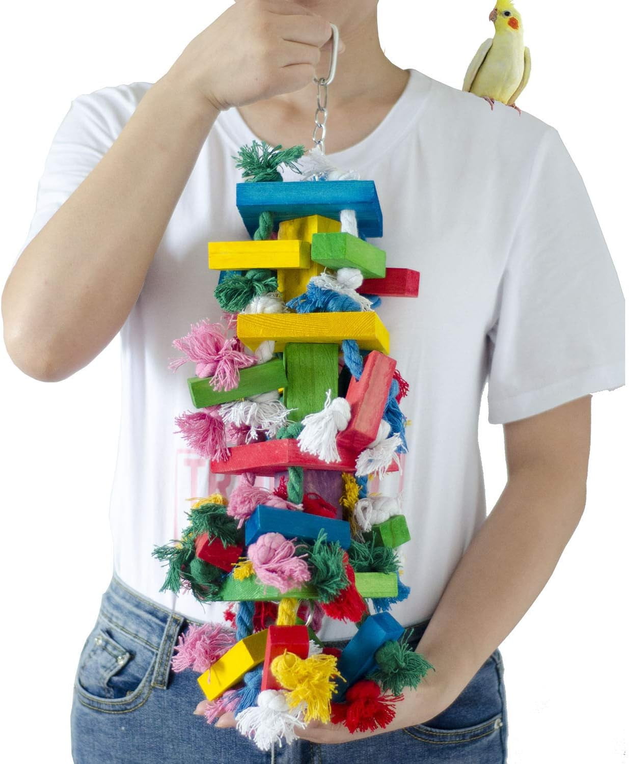 Ebaokuup Bird Block Knots Tearing Toy- 19.7 inch Multicolored Natural Wooden Parrot Chewing Toy Suggested for Macaws cokatoos, African Grey and a Variety of Amazon Parrots. (Large Size)