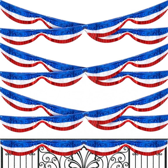 Ebaokuup6 Pcs 40 Ft Patriotic Foil Fringe Bunting, Red White Blue Tinsel Streamers Banner, Independence Day Metallic Fringe Garland for 4th of July Celebration Party Parade Events Decoration,6 Pcs