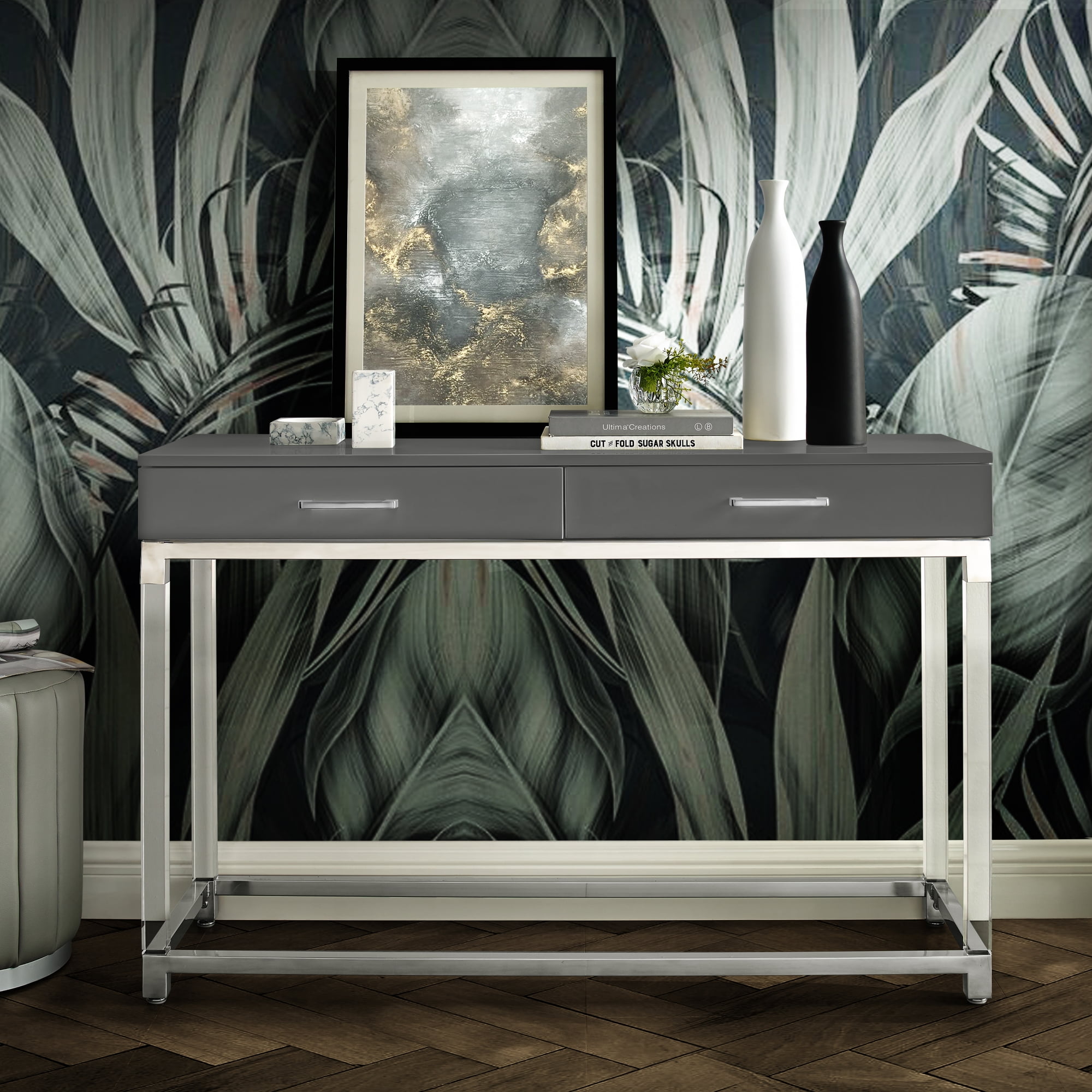 Grey gloss console sale table with drawers