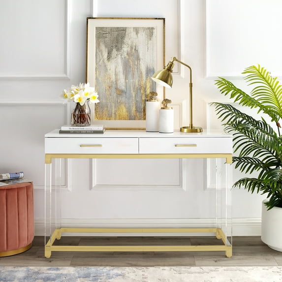 Ebbe White/Gold Console Table - High Gloss Finish, Acrylic Legs, Stainless Steel Base, 2 Drawers