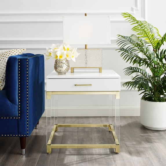 Ebbe White/Gold End Table - High Gloss Finish, Acrylic Legs, Stainless Steel Base, 1 Drawer