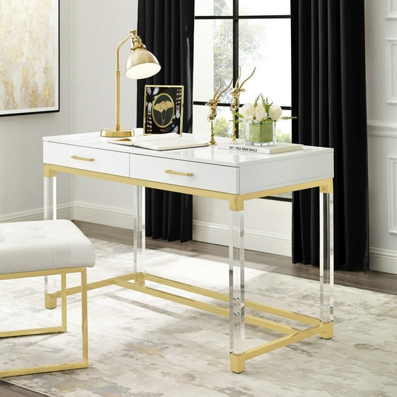 Ebbe White/Gold Writing Desk - High Gloss Finish, Acrylic Legs, Stainless Steel Base, 2 Drawers