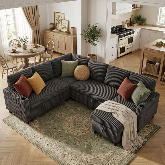 Ebello 101" 6-Seater Sectional Sleeper Sofa with Pull Out Bed, Corduroy Convertible U Shaped Couch Bed with Storage, Cup Holders, USB Ports & Side Pockets for Living Room, Gray