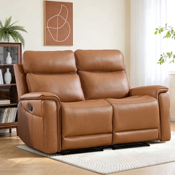 Ebello 2-Seater PU Leather Manual Recliner Sofa - Wall Hugger Loveseat with Hidden Cup Holder, Overstuffed Arms and Back, Reclining Couch for Small Spaces, Brown