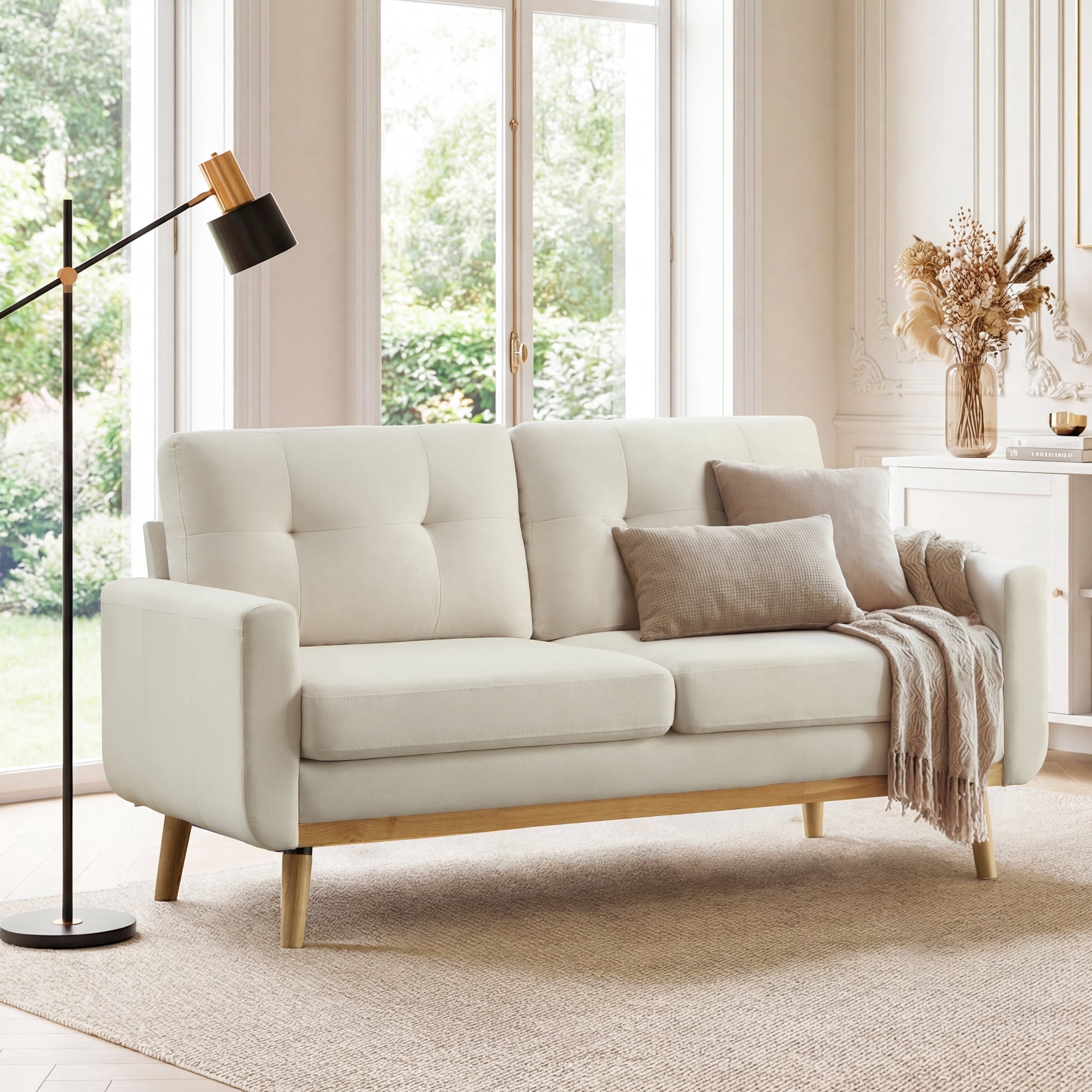 Ebello 2-Seater Sofa with Detachable Back Cushion, Fabric Upholstered Loveseat with Soft Seat Cushion for Living Room, Apartment, Office – 3 Colors (Beige)