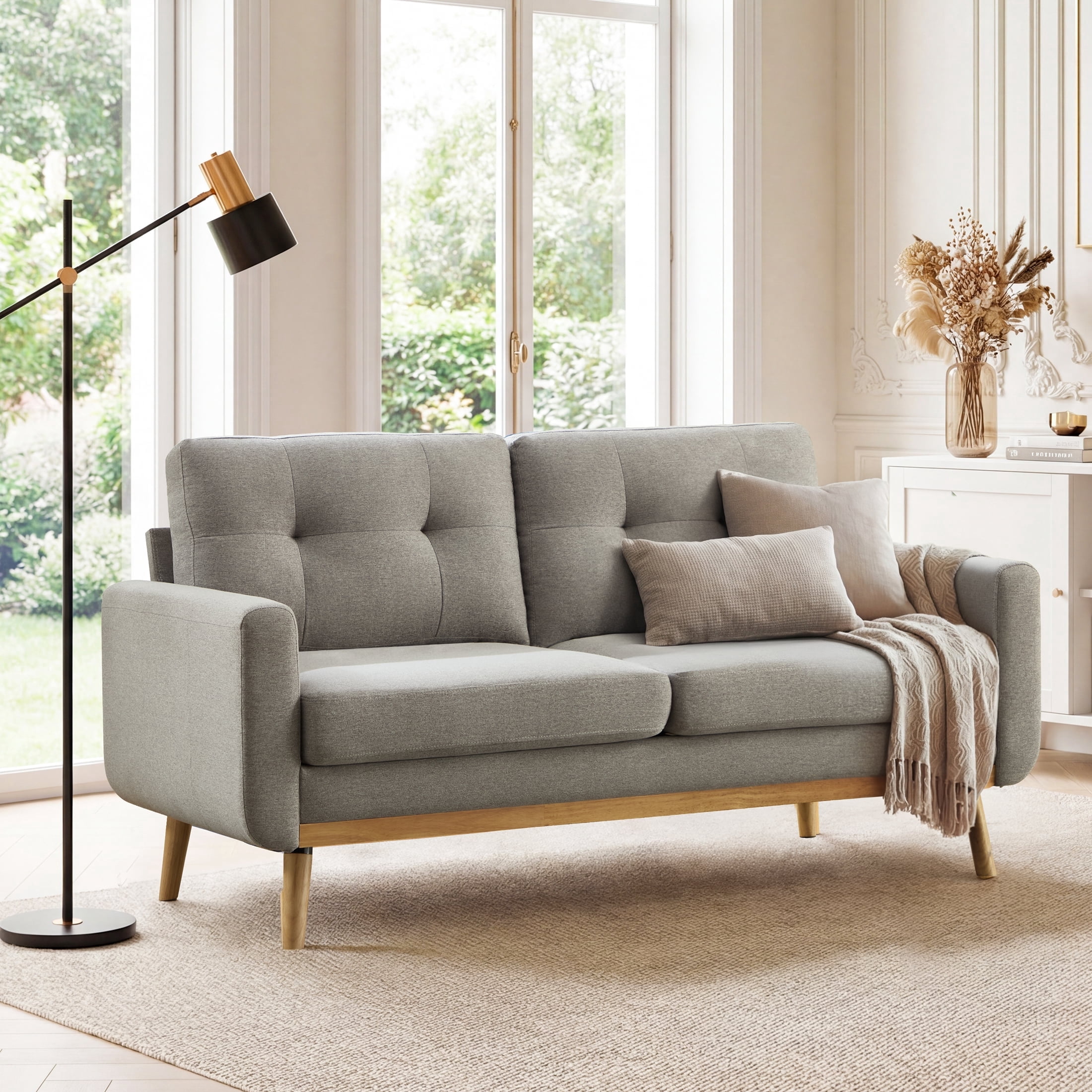 Ebello 2-Seater Sofa with Detachable Back Cushion, Fabric Upholstered Loveseat with Soft Seat Cushion for Living Room, Apartment, Office – 3 Colors (Gray)