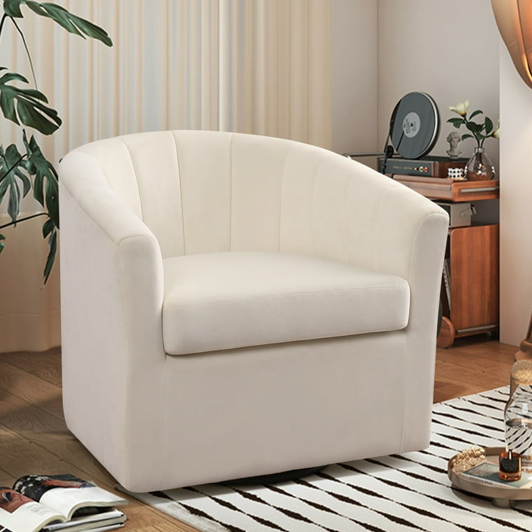 Ebello 29.5 Wide Adult Contemporary Comfort Plush Solid Color Swivel Bucket Chair with Channel Design White