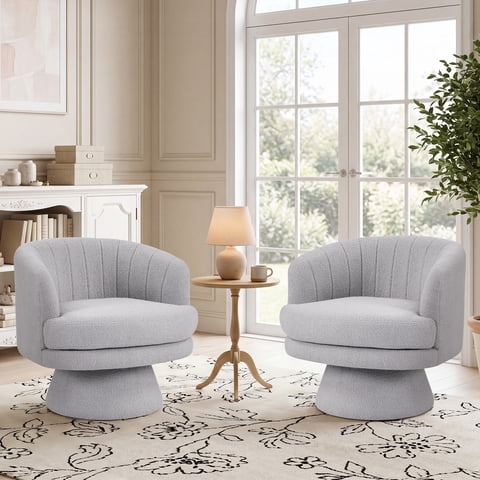 Ebello 29" Swivel Chair, 360° Modern Barrel Rotating Sherpa Teddy Fabric Accent Chair with Curved Back, Plush Cushion & Armrests for Living Room, Bedroom, Light Gray (Set of 2)