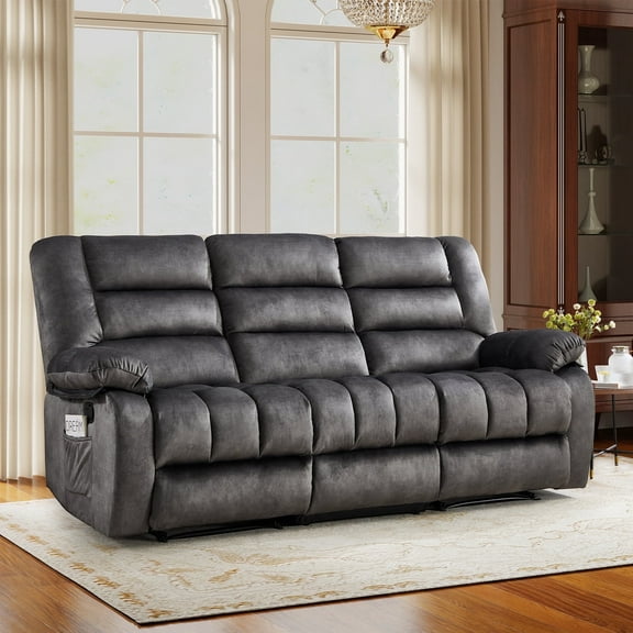 Ebello 3-Seater Manual Recliner Sofa,Fabric Reclining Couch with Flipped Middle Backrest,Cup Holders,for Living Room and Home Theater,Dark Gray(Sofa)