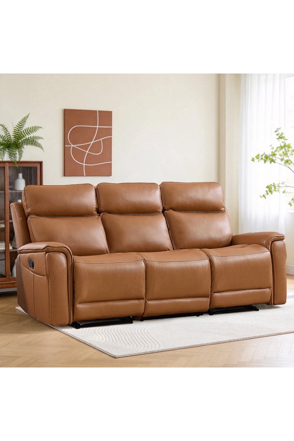 3-Seater PU Leather Manual Recliner Sofa - Reclining Couch with Split Back, Hidden Cup Holder, Overstuffed Arms and Back for Living Room & Home Theater, Brown