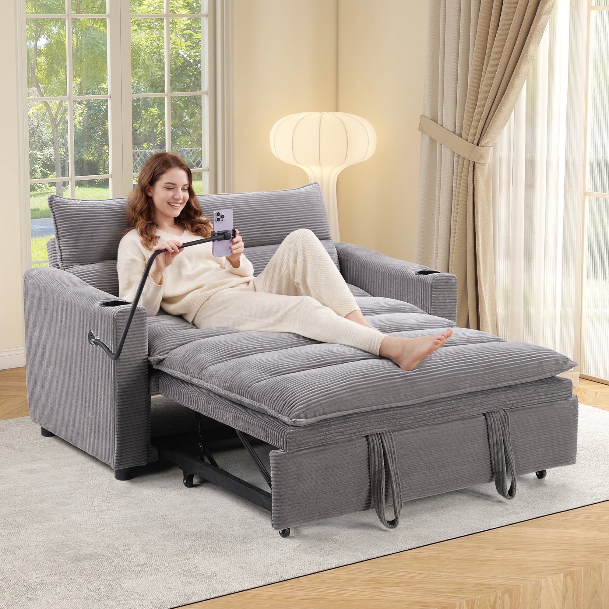 Ebello 3-in-1 Sleeper Sofa Bed, Corduroy Convertible Pullout Futon Couch with Adjustable Backrest, Phone Holders & USB Ports for Apartment, Small Space, 2-Seat(Gray)