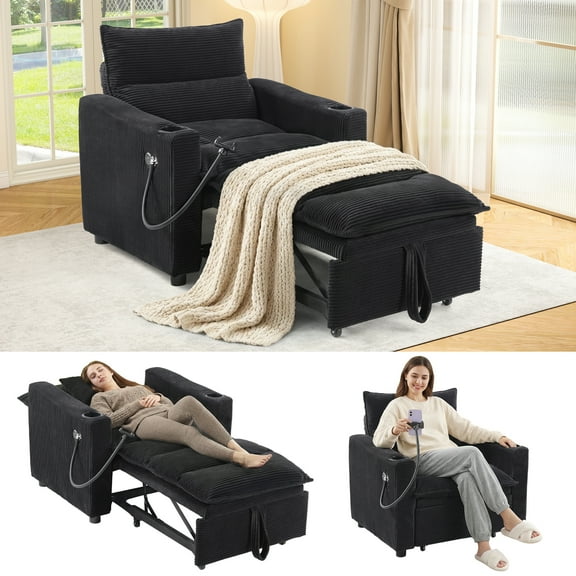 Ebello 3-in-1 Convertible Sleeper Sofa Chair Bed with Cup Holders & USB Ports - Space Saving Corduroy Futon Couch ,Adjustable Backrest, Easy Assembly(Black-H002)