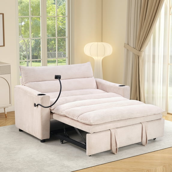 Ebello 3-in-1 Convertible Sleeper Sofa Chair Bed with Cup Holders & USB Ports -Pull Out Bed,Adjustable Backrest, Easy Assembly(White-H002)