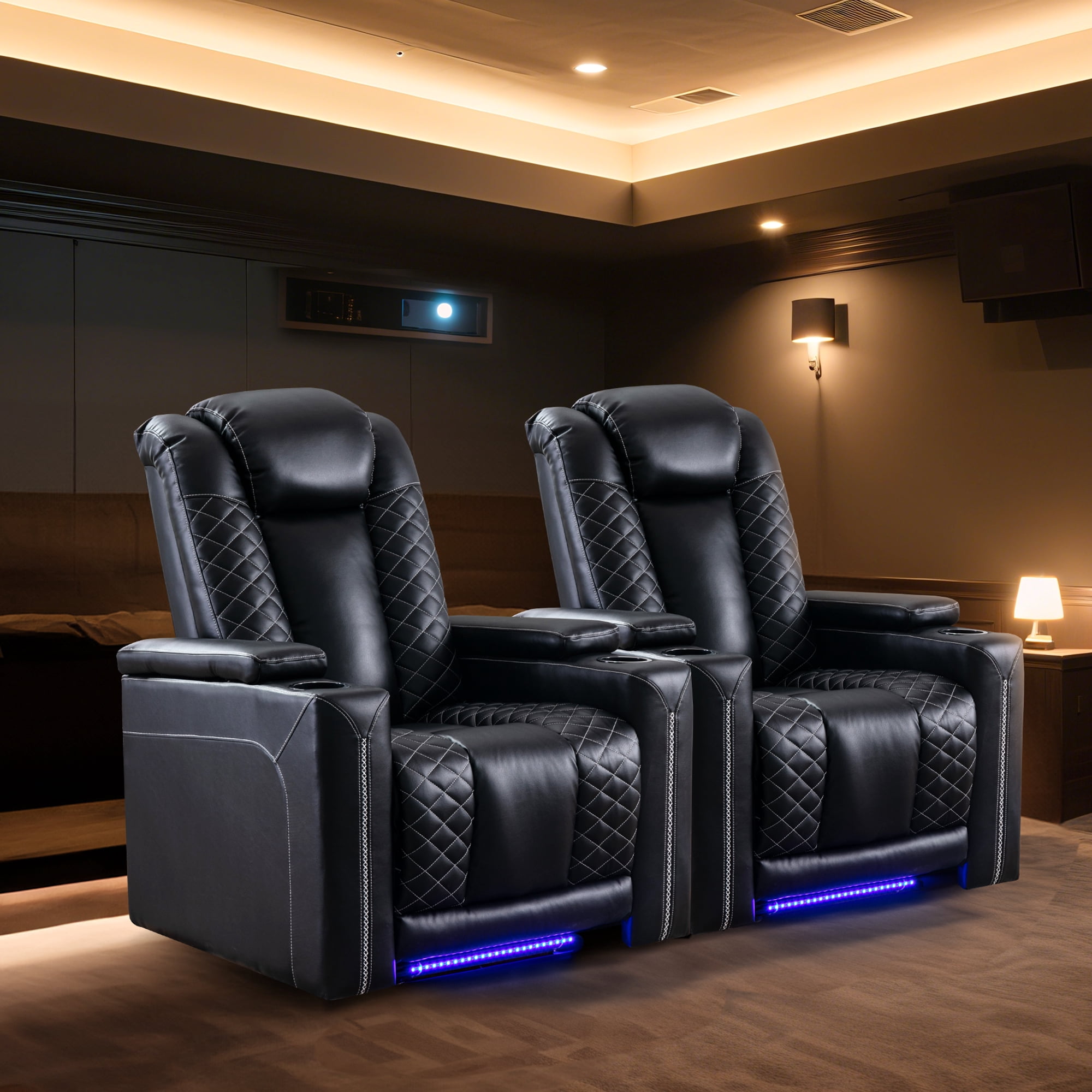 Ebello 35" Wide Power Recliner Chair, Breathable Faux Leather Home Theater Reclining Chair with LED Strip, Armrest Storage & USB Ports, Black, Set of 2