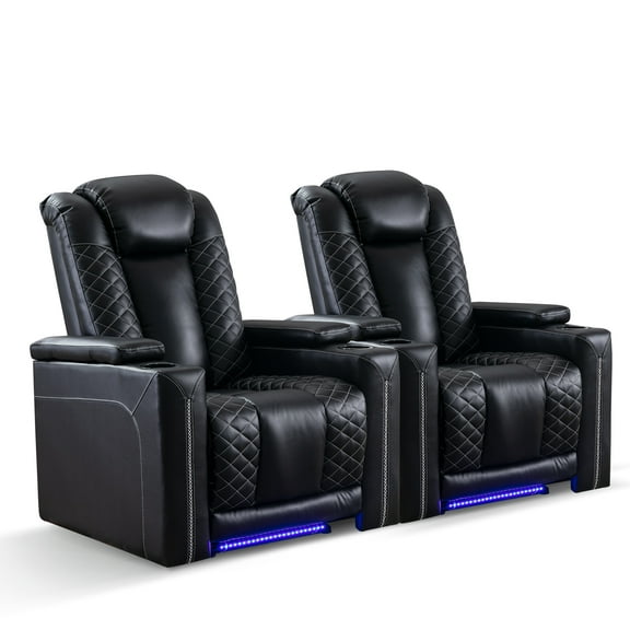 Ebello 35" Power Recliner Chairs Set of 2 – Breathable Faux Leather, LED Lighting, USB Ports, Cup Holders & Storage, Black (Home Theater Seating)