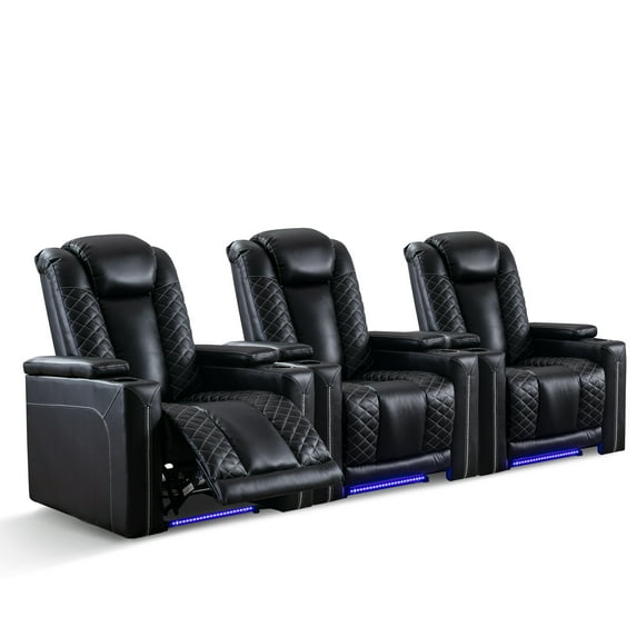 Ebello 35" Power Recliner Chairs Set of 3 – Breathable Faux Leather, LED Lighting, USB Ports, Cup Holders & Storage, Black (Home Theater Seating)