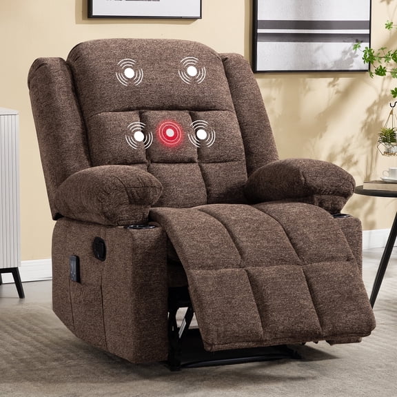 Ebello Fabric Manual Recliner with Massage & Heat, Recliner Chair with Cup Holders and Side Pockets for Home Theater , Brown Linen(CR0424-C1063)