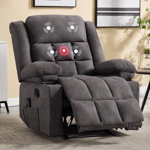 Ebello Manual Recliner Chair with Massage and Heat, Fabric Recliner with Cup Holders & Storage Pockets, Breathable Comfortable Lounger for Living Room, Gray
