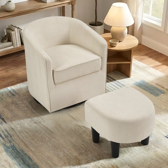 Ebello 360° Swivel Accent Chair with Ottoman, Plush Upholstered Reading Chair Modern Armchair with Footrest for Living Room, Study Room, Beige