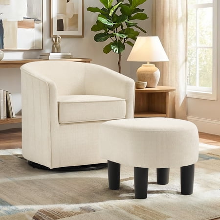 Ebello 360° Swivel Accent Chair with Ottoman, Plush Upholstered Reading Chair Modern Armchair with Footrest for Living Room, Study Room, Beige