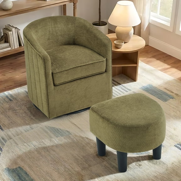 Ebello 360° Swivel Accent Chair with Ottoman, Plush Upholstered Reading Chair Modern Armchair with Footrest for Living Room, Study Room, Dark Green
