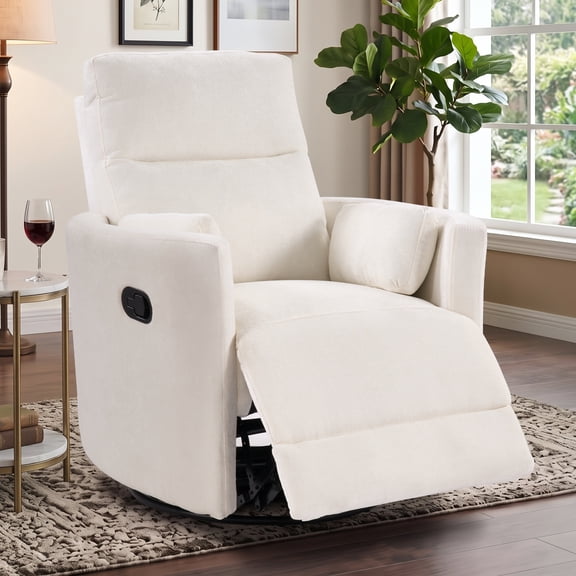 Ebello 360° Swivel Rocker Recliner Chair with Massage and Heat, Removable Pillow, Chenille Manual Glider Recliner for Living Room and Nursery, 350lbs Capacity, Beige