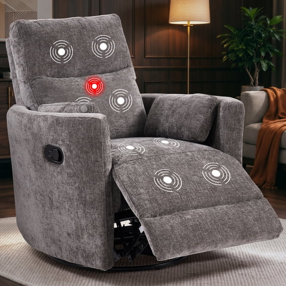 Ebello 360° Swivel Rocker Recliner Chair with Massage and Heat, Chenille Manual Glider Recliner for Living Room and Nursery,Gray