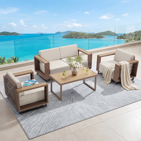 Ebello 4-6 Seater Wicker Patio Conversation Set - 2 Seater Sofa 2 Chairs and Coffee Table with Thick Cushions Brown & Beige - LS-11