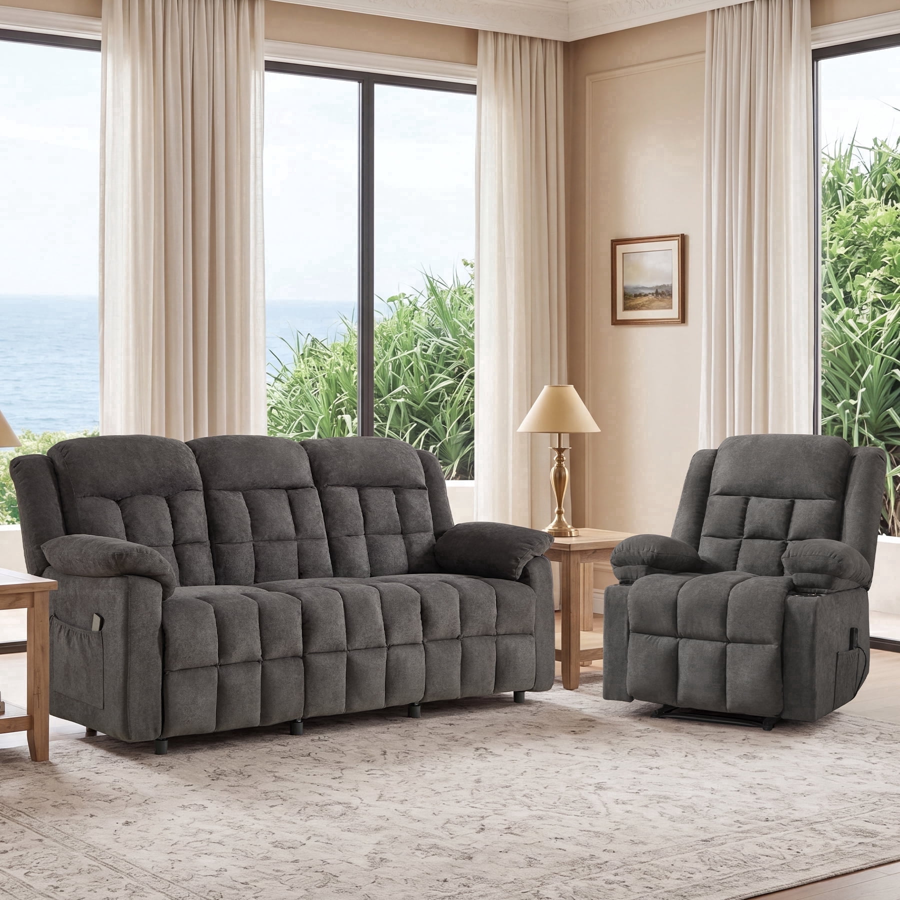 Ebello Fabric Recliner Sofa Set, Manual Recliner Chair with Massage & Heat, 3-Seat Power Recliner Sofa with Side Pockets for Living Room, Gray