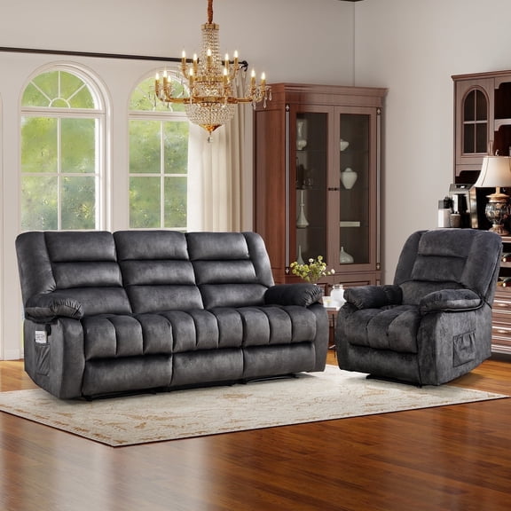 Ebello 4-Piece Manual Reclining Sofa Set, Manual Recliner with Massage & Heated and 3-Seater Couch with Cup Holders & Side Pockets for Living Room, Dark Gray