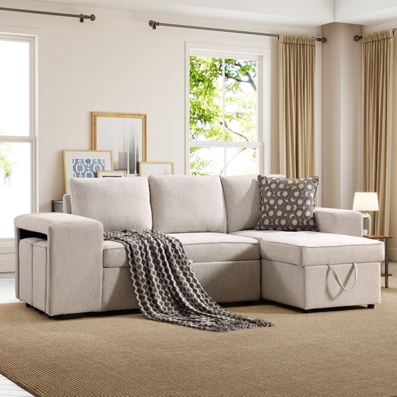 Ebello 4-in-1 Sectional Sofa Bed, Chenille Modular L-Shaped Futon Sofa with Pullout Bed, Movable Ottoman & Hidden Storage for Living Room, Beige