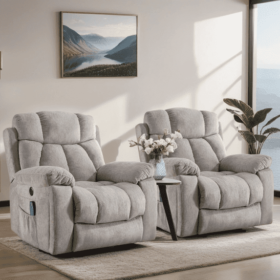 Ebello 40.5" Wide Extra Large Microfiber Electric Heated Massage Lift Recliner Living Room Chair with Cup Holder & USB, Light Gray (Set of 2)