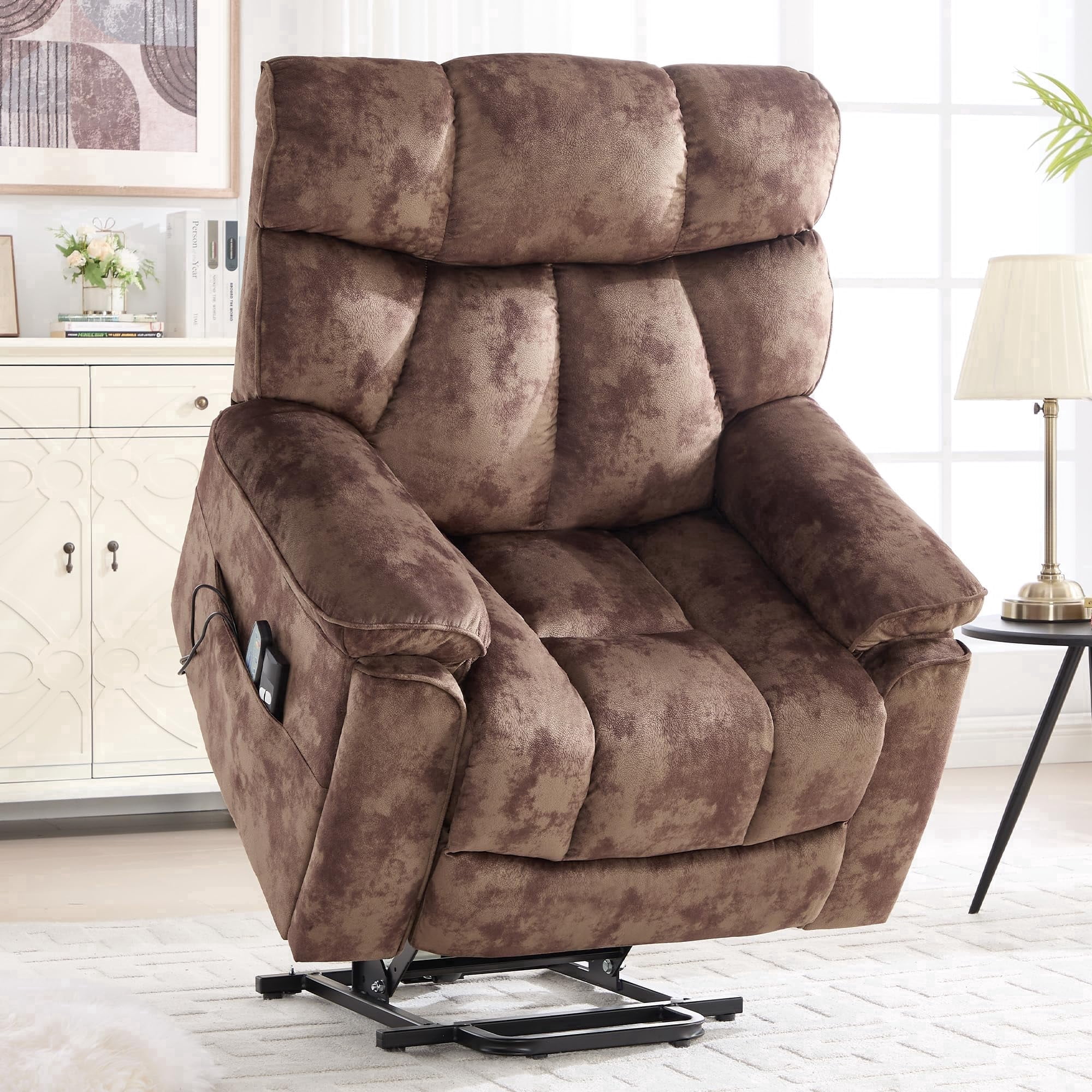 Ebello 40.5" Wide Extra Large Microfiber Electric Heated Massage Lift Recliner Living Room Chair with 2 Cup Holders, Brown