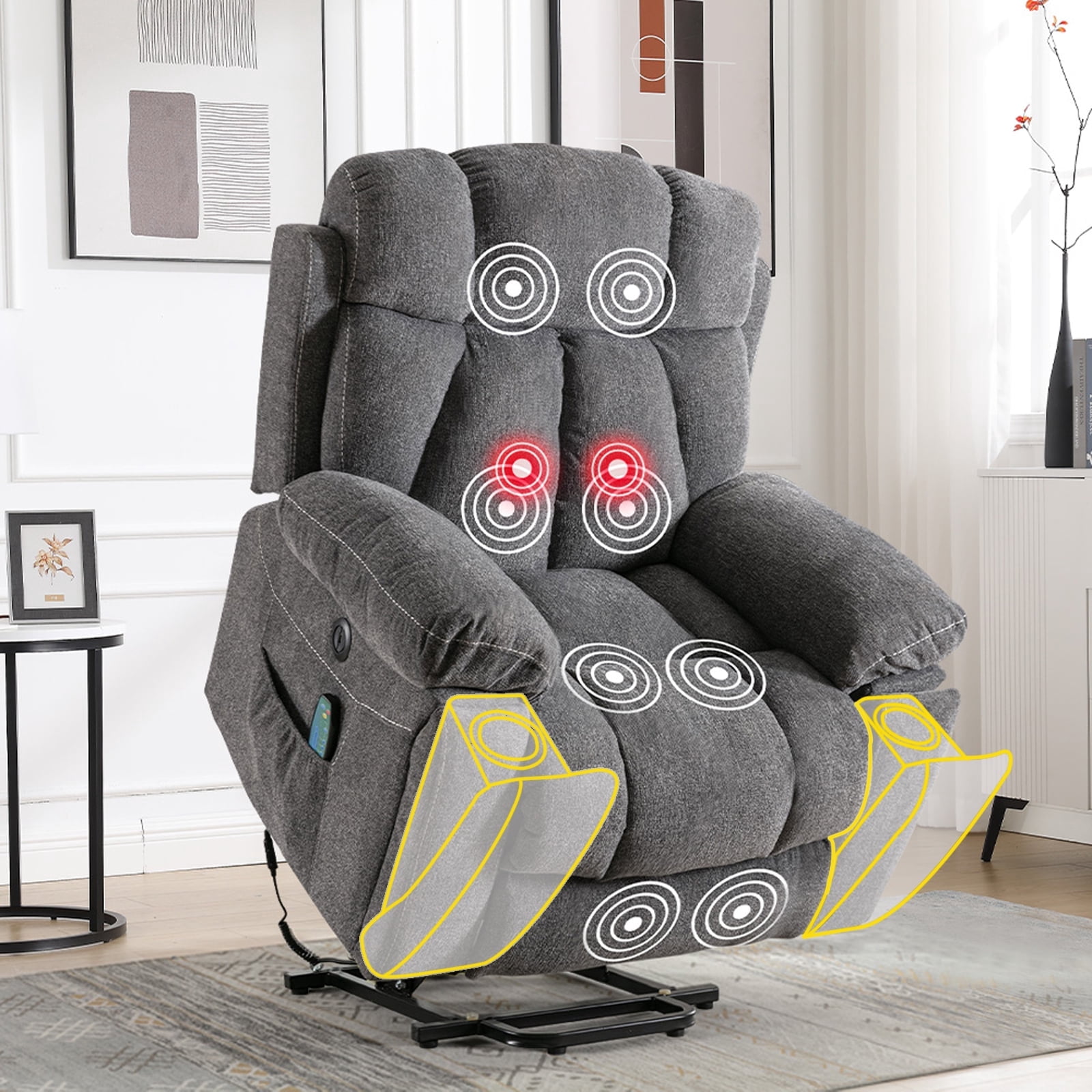 Ebello 40.5" Wide Extra Large Microfiber Electric Heated Massage Lift Recliner Living Room Chair with Cup Holder & USB, Dark Gray