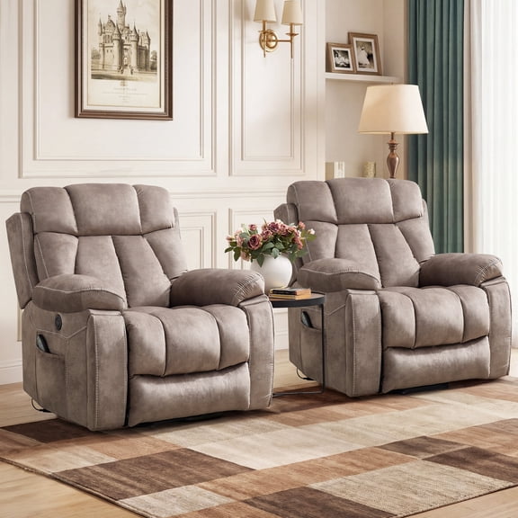 Ebello 40.5" Wide Extra Large Microfiber Electric Heated Massage Lift Recliner Living Room Chair with Cup Holder & USB, Light Brown(Set of 2)