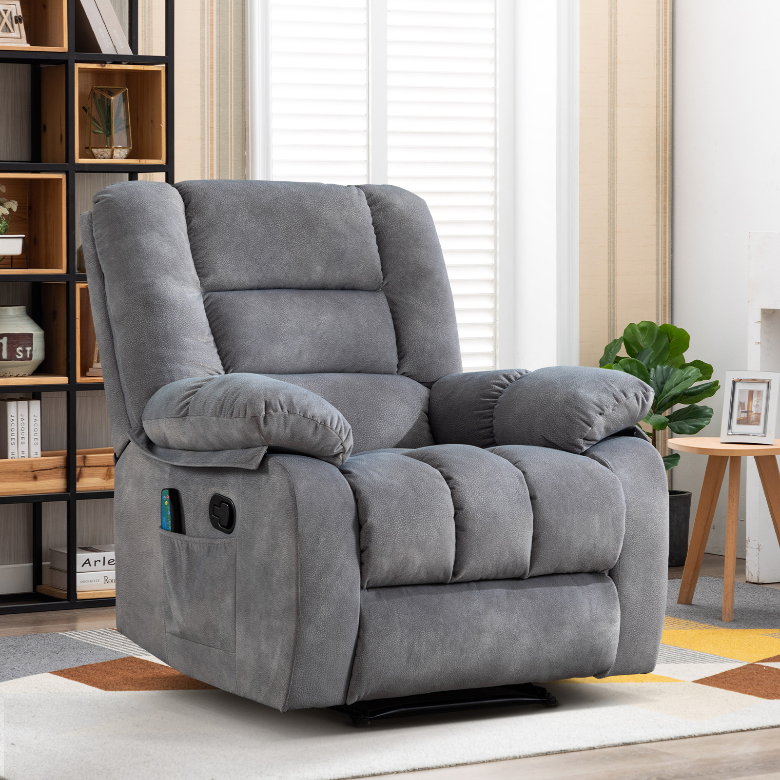 Bonzy Home 36'' Massage Recliner Chair with Heat and Vibration – Soft Fabric Manual Reclining Chair for Living Room and Bedroom – Light Gray
