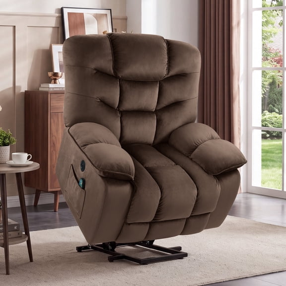 Ebello 43" Oversized Power Lift Recliner, Overstuffed Electric Lifting Reclining Chair with Massage & Heat, Side Pockets and USB Port for Living Room, Dark Brown