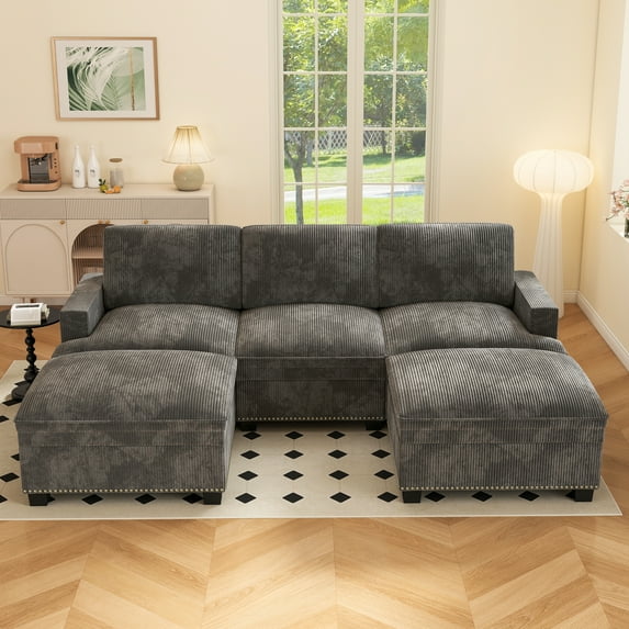 Ebello 5-Piece Modular Sectional Sofa Set, Corduroy Convertible Couch with Multifunctional Storage Ottoman & Side Table for Living Room, Gray