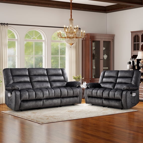 Ebello 5-Piece Manual Reclining Sofa Set, Manual Loveseat and 3-Seater Couch with Cup Holders & Side Pockets for Living Room, Dark Gray