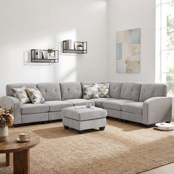 Ebello 6-Seater Oversized Sectional Sofa, L-Shaped Couch with Overstuffed Cushions & Movable Ottoman for Living Room, Apartment, Light Gray