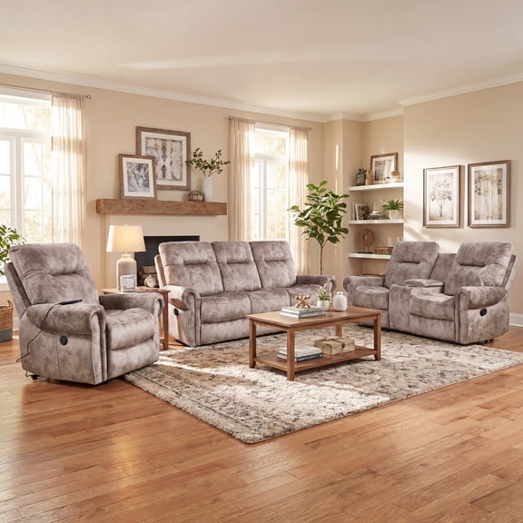 Ebello 6-Seater Recliner Sofa Set, Power Massage Recliner Chair, Manual Loveseat and 3-Seater Sofa with Hidden Storage & Cup Holders for Living Room, Light Brown