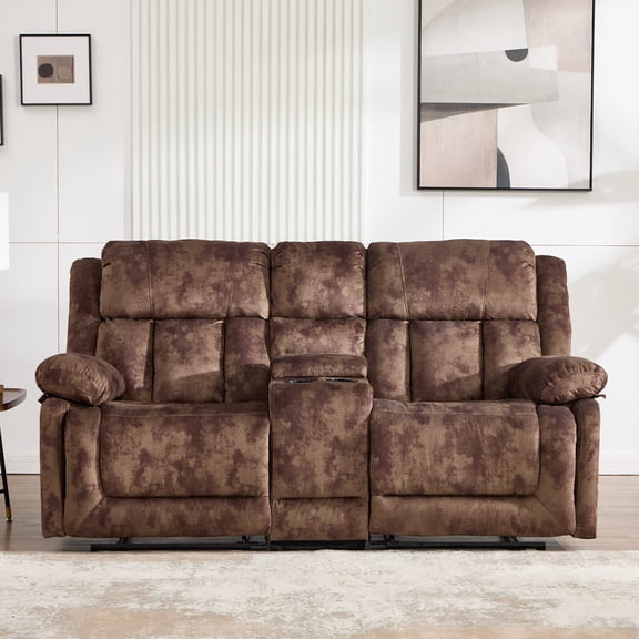 Ebello 74.8"Manual Loveseat Sofa, Soft Fabric Wall-Hugger Reclining Loveseat with Overstuffed Backrest, Center Console, Cup Holders, Hidden Storage for Living Room, Apartment, Brown