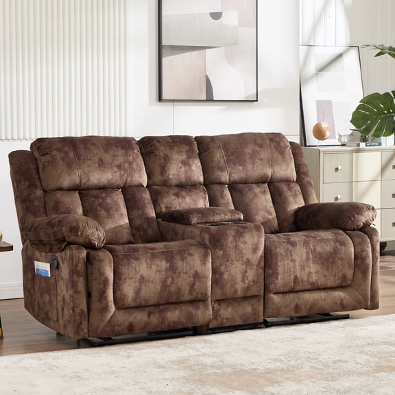 Ebello 74.8"Manual Loveseat Sofa, Soft Fabric Wall-Hugger Reclining Loveseat with Overstuffed Backrest, Center Console, Cup Holders, Hidden Storage for Living Room, Apartment, Brown
