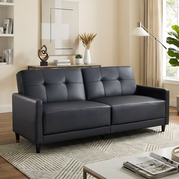 Ebello 76" Convertible Futon Sofa Bed, Mid Century Modern Faux Leather Loveseat Sofa Couch with Adjustable Backrest for Living Room & Office, Black