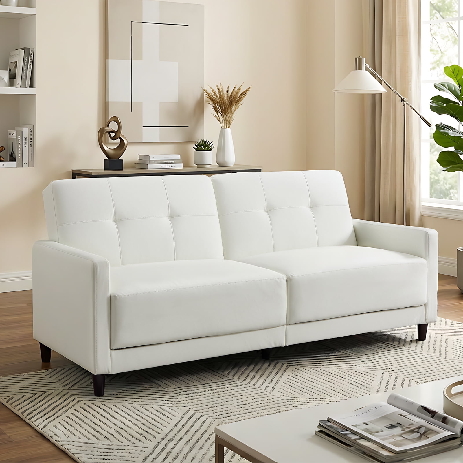 Ebello 76" Convertible Futon Sofa Bed, Mid Century Modern Faux Leather Loveseat Sofa Couch with Adjustable Backrest for Living Room & Office, White