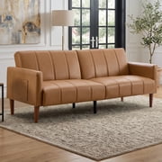 Ebello 76" Convertible Futon Sofa Bed, Mid Century Modern Faux Leather Loveseat Couch with Adjustable Backrest & Side Pocket for Living Room, Office, Brown