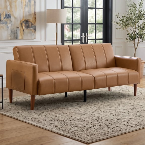Ebello 76" Convertible Futon Sofa Bed, Mid Century Modern Faux Leather Loveseat Couch with Adjustable Backrest & Side Pocket for Living Room, Office, Brown