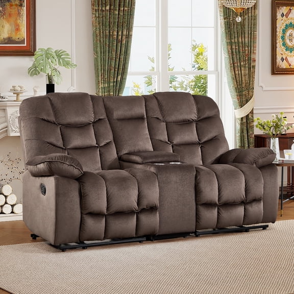 Ebello 77" 2-Seater Manual Recliner Sofa, Breathable Fabric Reclining Loveseat with Cup Holders & Storage Console for Living Room, Brown