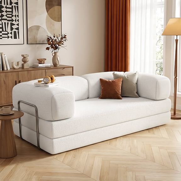 Ebello 79" Convertible Sofa Bed, Modular Loveseat Sleeper with Fixed Frame & Removable Armrests, No Assembly Required for Small Spaces, White